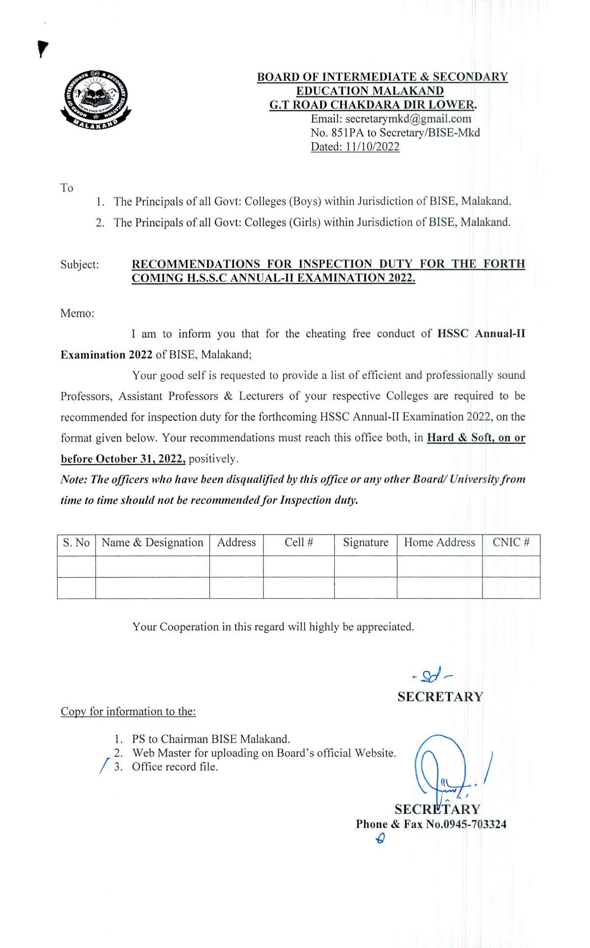 HSSC ANNUAL-II EXAM 2022: INSPECTION R