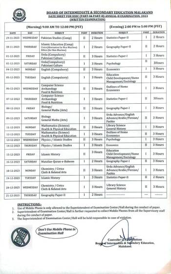 Date Sheet: HSSC Annual-II Examination