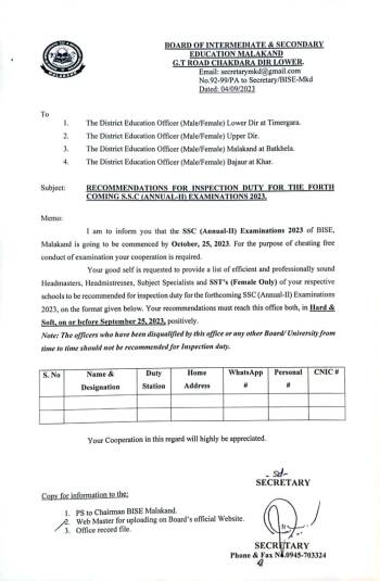 Recommendations for Inspection Duty fo