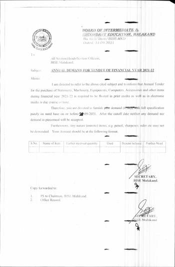 ANNUAL DEMAND FOR TENDER OF 2021-22